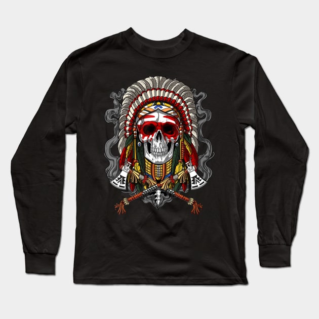 Native American Chief Skull Indian Headdress Long Sleeve T-Shirt by LaurieAndrew